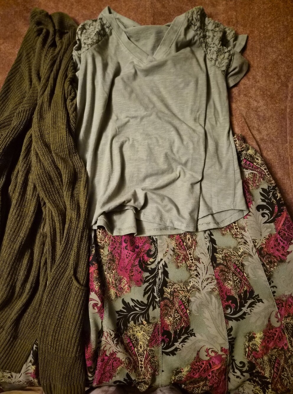 Notations Olive Green V-Neck Top, Skirt, and sweater